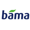 Logo for bama. Text in dark blue, a green leaf over the first a.