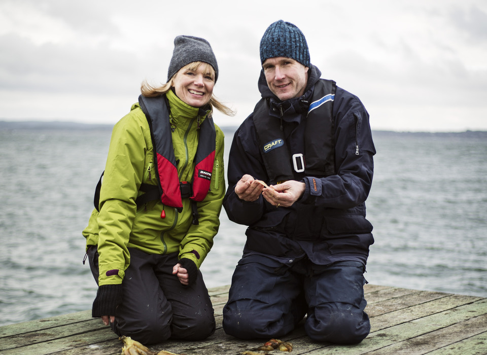 Sjöpungsodling utanför Djupvik, Orust. Fredrik Norén och Anna-Sara Krång på bild.